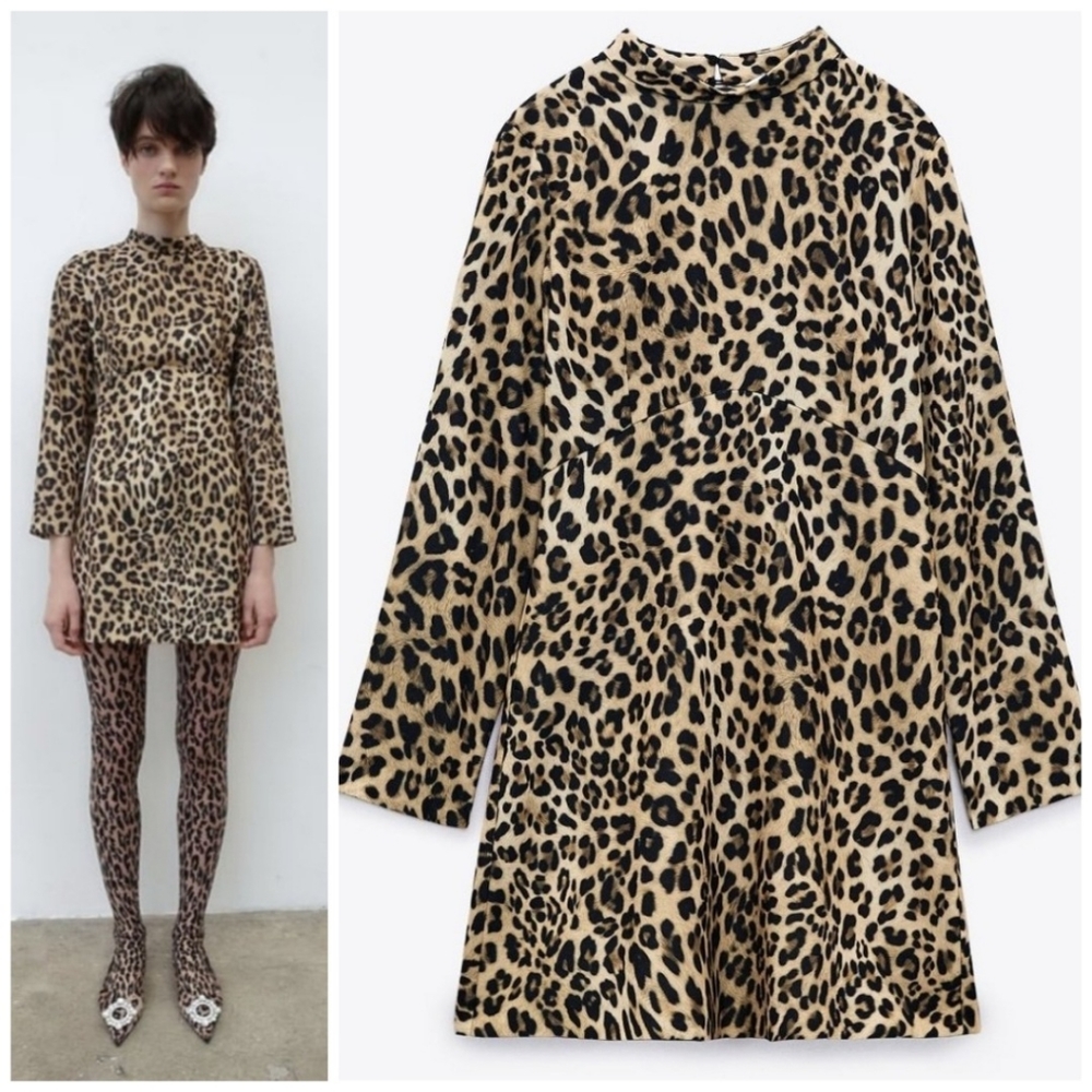 Zara Leopard Print Long Sleeve Mini Dress - Tan & Black